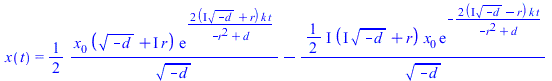 x(t) = `+`(`/`(`*`(`/`(1, 2), `*`(x[0], `*`(`+`(`*`(`^`(`+`(`-`(d)), `/`(1, 2))), `*`(I, `*`(r))), `*`(exp(`+`(`/`(`*`(2, `*`(`+`(`*`(I, `*`(`^`(`+`(`-`(d)), `/`(1, 2)))), r), `*`(k, `*`(t)))), `*`(`+...