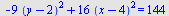 `+`(`-`(`*`(9, `*`(`^`(`+`(y, `-`(2)), 2)))), `*`(16, `*`(`^`(`+`(x, `-`(4)), 2)))) = 144