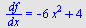 `/`(`*`(df), `*`(dx)) = `+`(`-`(`*`(6, `*`(`^`(x, 2)))), 4)