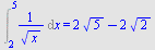 Int(`/`(1, `*`(`^`(x, `/`(1, 2)))), x = 2 .. 5) = `+`(`*`(2, `*`(`^`(5, `/`(1, 2)))), `-`(`*`(2, `*`(`^`(2, `/`(1, 2))))))