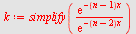 `assign`(k, simplify(`/`(`*`(exp(`+`(`-`(`*`(`+`(n, `-`(1)), `*`(x)))))), `*`(exp(`+`(`-`(`*`(`+`(n, `-`(2)), `*`(x)))))))))