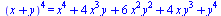 `*`(`^`(`+`(x, y), 4)) = `+`(`*`(`^`(x, 4)), `*`(4, `*`(`^`(x, 3), `*`(y))), `*`(6, `*`(`^`(x, 2), `*`(`^`(y, 2)))), `*`(4, `*`(x, `*`(`^`(y, 3)))), `*`(`^`(y, 4)))