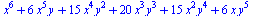 `+`(`*`(`^`(x, 6)), `*`(6, `*`(`^`(x, 5), `*`(y))), `*`(15, `*`(`^`(x, 4), `*`(`^`(y, 2)))), `*`(20, `*`(`^`(x, 3), `*`(`^`(y, 3)))), `*`(15, `*`(`^`(x, 2), `*`(`^`(y, 4)))), `*`(6, `*`(x, `*`(`^`(y, ...